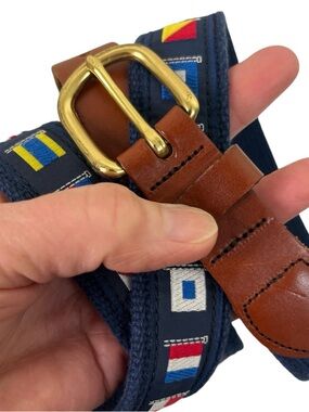 Vintage Leather Man Ltd. mens belt 42 nautical motif ships flags USA Sailing